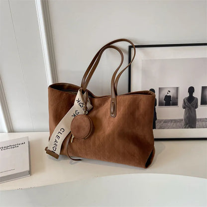 Large soft polyester casual tote shoulder bag in a horizontal square shape with sandwich pockets.