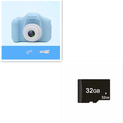 Colourful kids digital camera with silicone case showing 2-inch screen and lens.