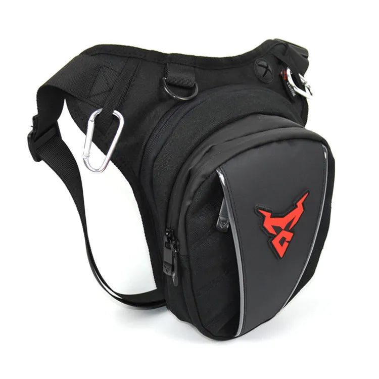 Red motorcycle leg bag made of 1200D Oxford cloth with adjustable straps for crossbody, shoulder, or waist wear.