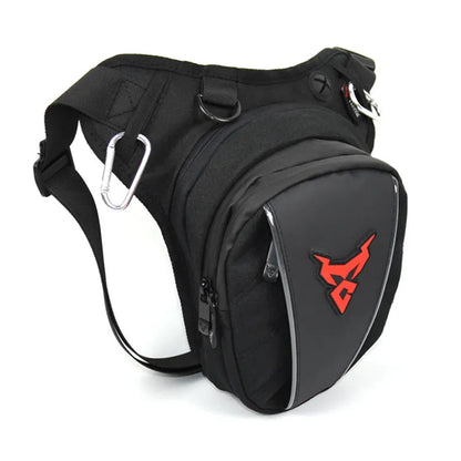 Red motorcycle leg bag made of 1200D Oxford cloth with adjustable straps for crossbody, shoulder, or waist wear.