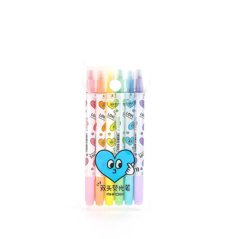 Six double-headed watercolour highlighter pens in assorted colours showing plug-in design.