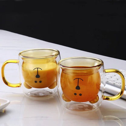 Creative Bear Double Coffee Milk Glass Cup for Kids in four colors: transparent, pink, lake green, and amber