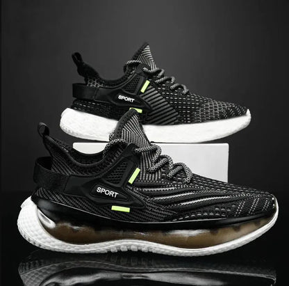 Men's white low-top mesh platform sneakers with round toe and front lace-up design on a rubber sole