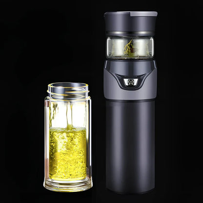 Stainless steel tea separation cup with one-button mechanism showing straight cup design and multiple colour options