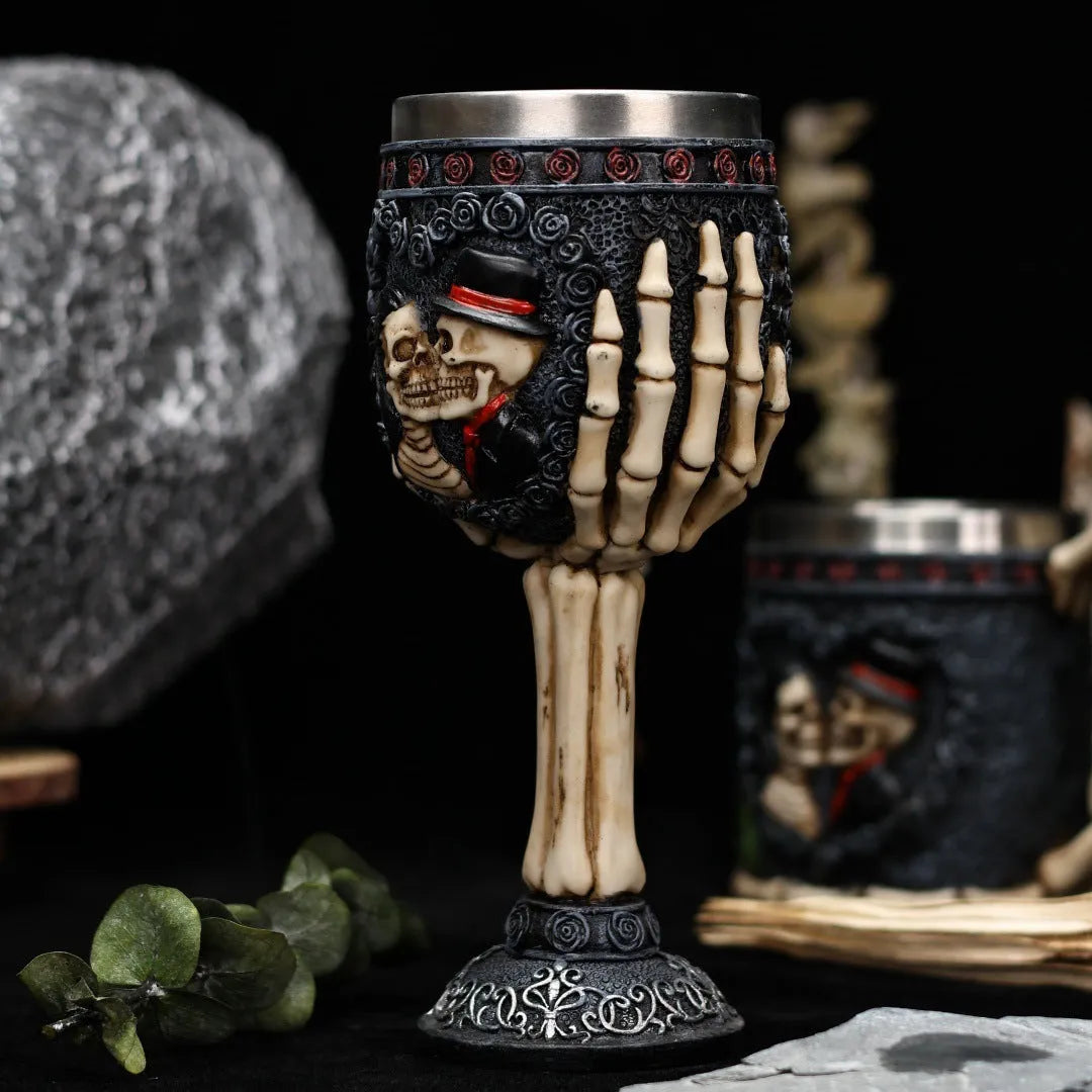 Stainless steel wine goblet with red skeleton design, 200ml capacity.