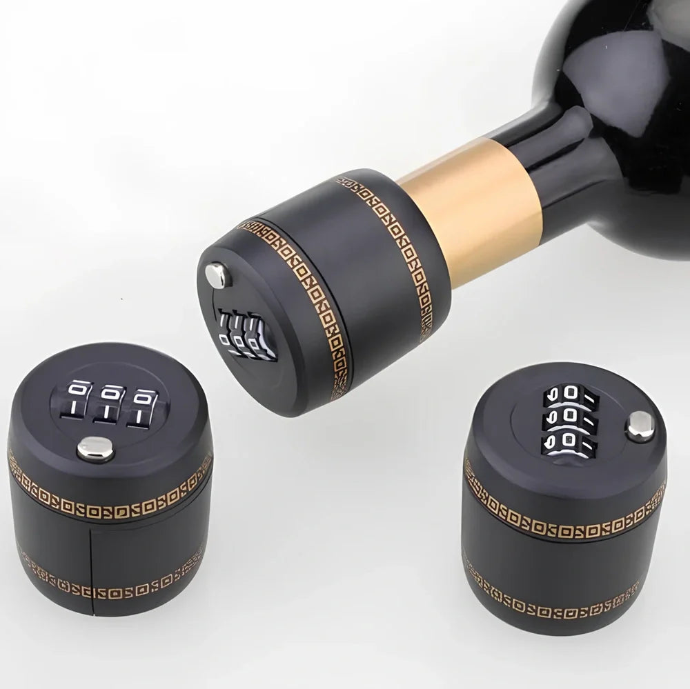 Black plastic wine stopper with 3-digit combination lock and silver button, 43mm size