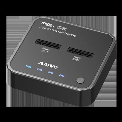 MAIWO K3016 M.2 solid-state drive docking station with power adapter and two USB cables on a desk.