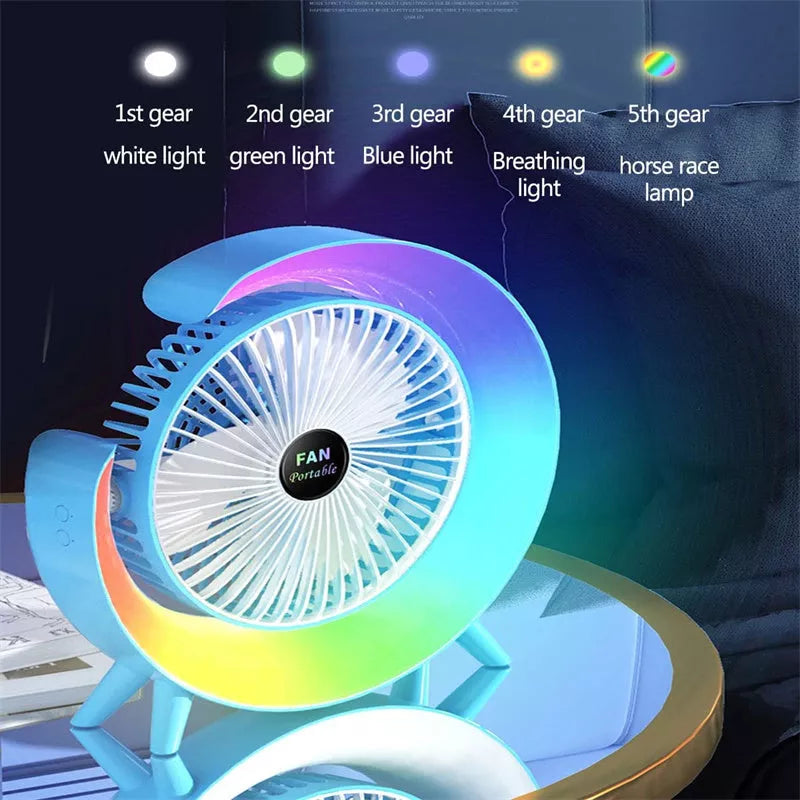 Bright Night Light Charging Fan with USB portability and colorful ambient lights