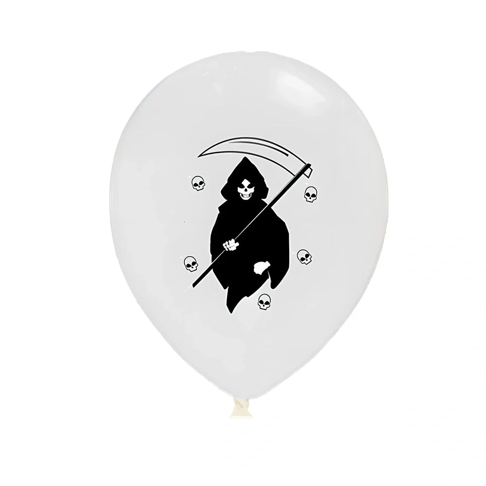 Halloween balloon decoration set with 10 printed latex balloons showing ghost and skeleton designs