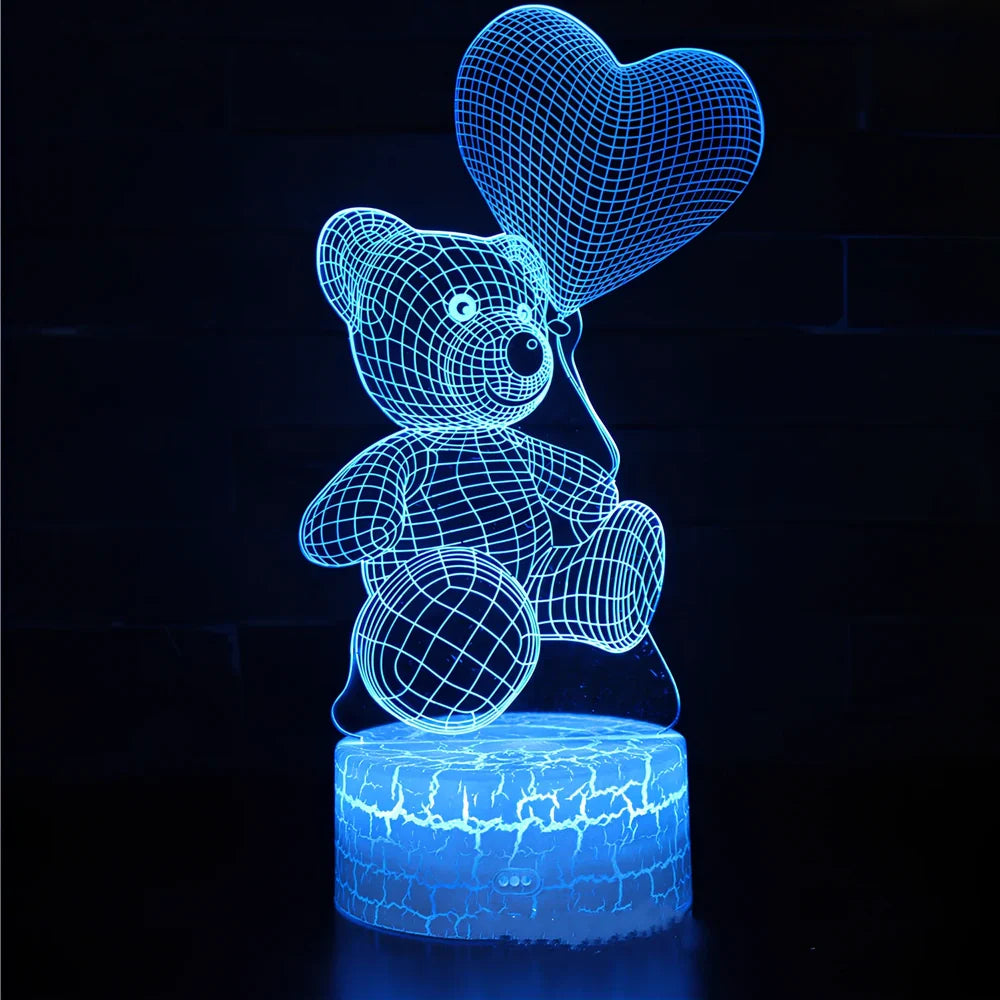3D acrylic teddy bear LED night light with remote control showing 16 colour options and 85mm base