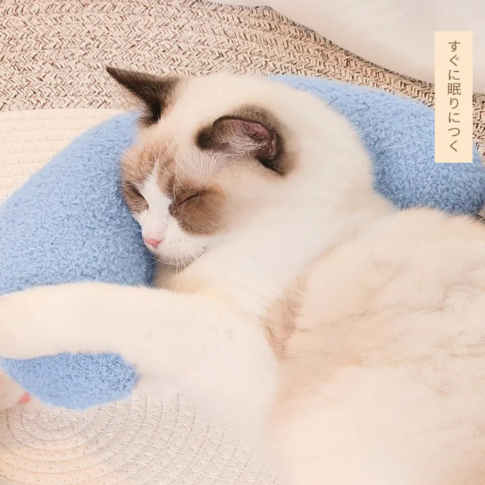 U-shaped blue cat pillow with adjustable collar for feline cervical support and comfort