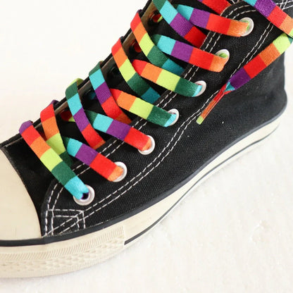 Pair of square rainbow gradient woven shoelaces, 0.8cm wide, lengths 80-200cm, fade-resistant for unisex shoes