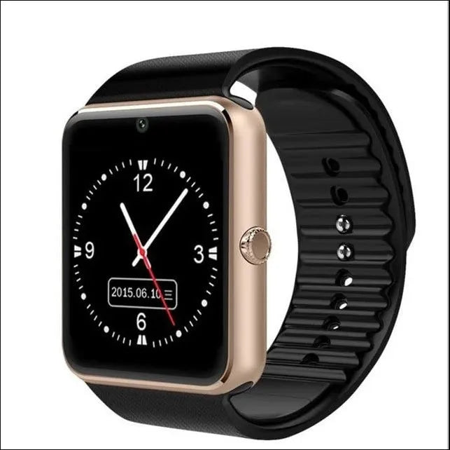 Smart watch with 1.54-inch touch screen display and silicone strap in black, gold, or white colours