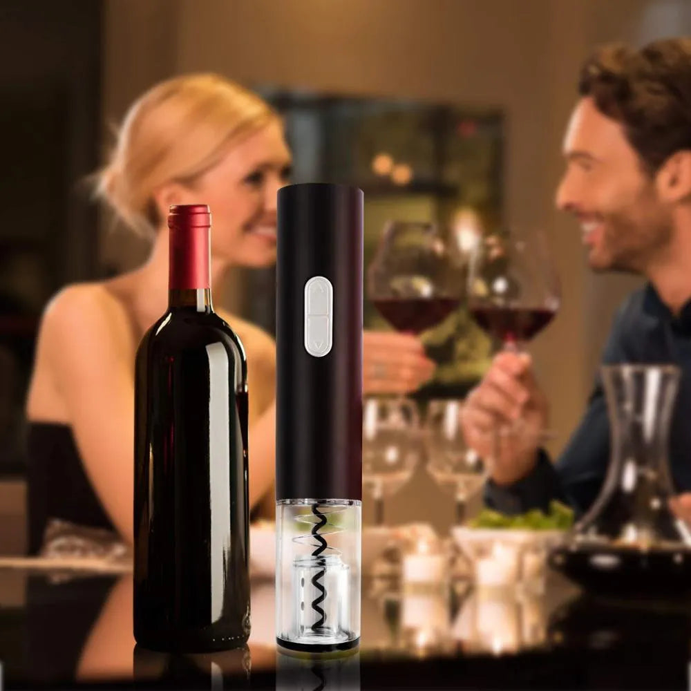 Automatic electric wine bottle opener with foil cutter in black, red, or white.