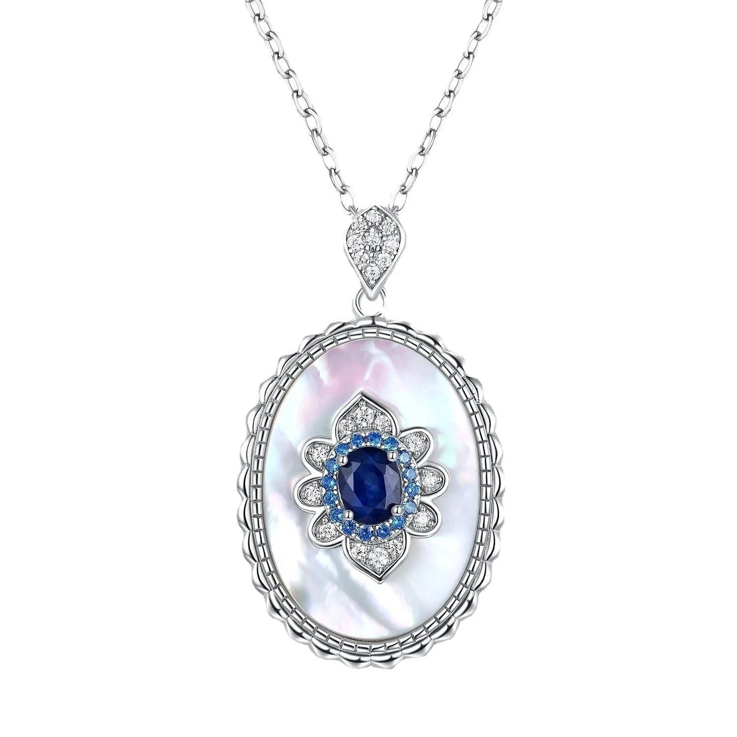 Elegant sapphire and diamond pendant necklace made of 925 sterling silver with a sleek geometric design and O-chain