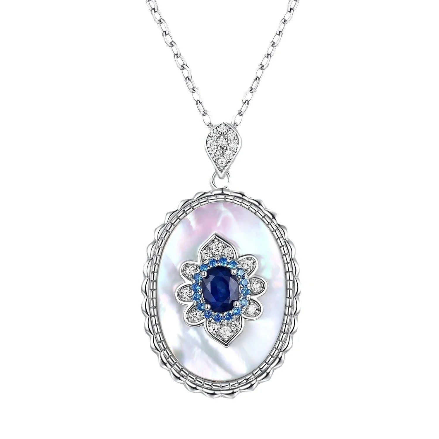 Elegant sapphire and diamond pendant necklace made of 925 sterling silver with a sleek geometric design and O-chain