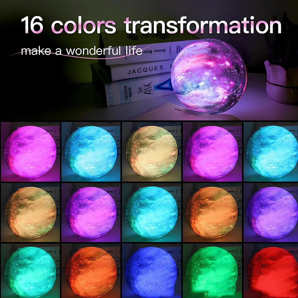 3D printed moon lamp showing lunar crater details with remote control for 16 colour options