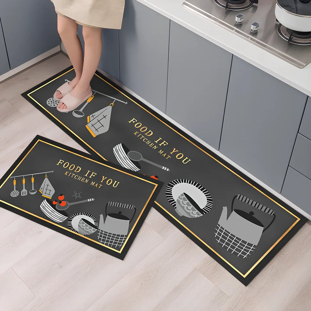 Rectangular polyester kitchen floor mat with machine-woven texture in modern design