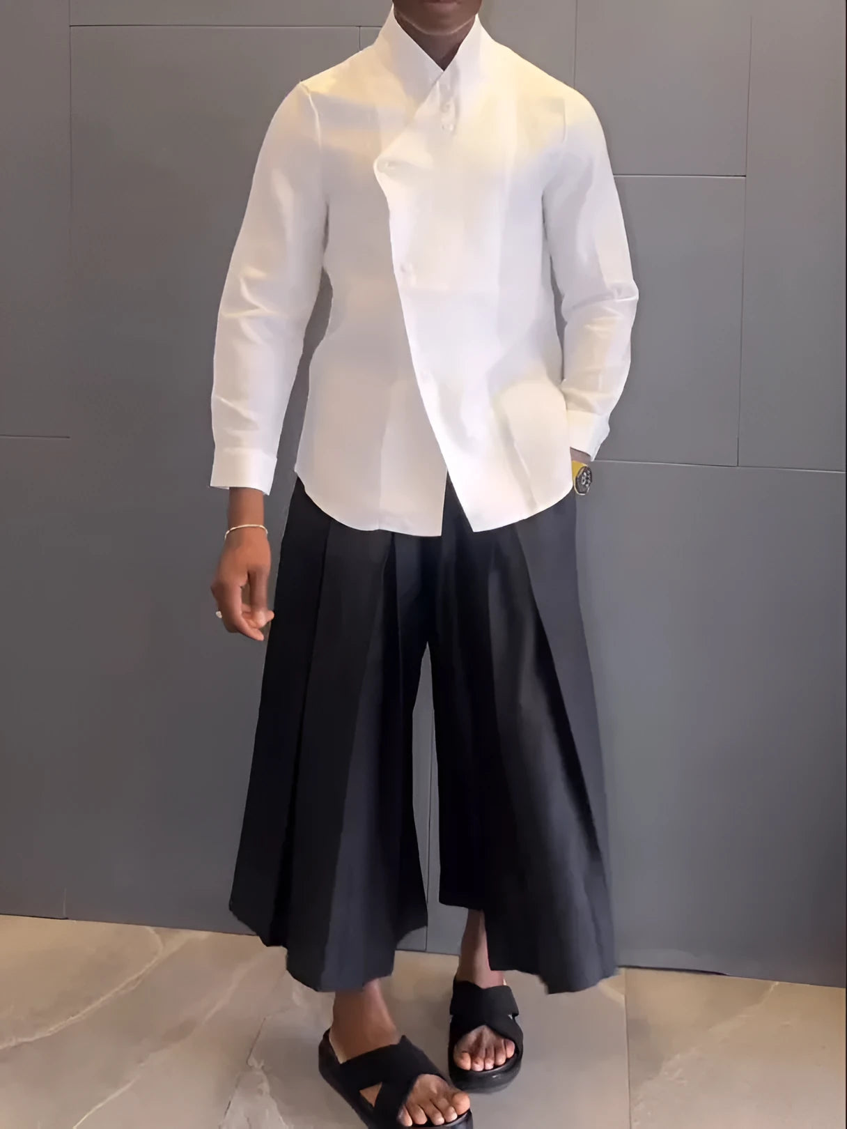 White asymmetric front long sleeve shirt and black pleated pants women's casual set