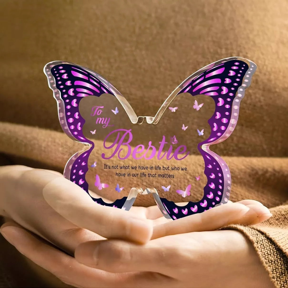Butterfly-shaped acrylic keepsake with purple wing patterns and personalized message