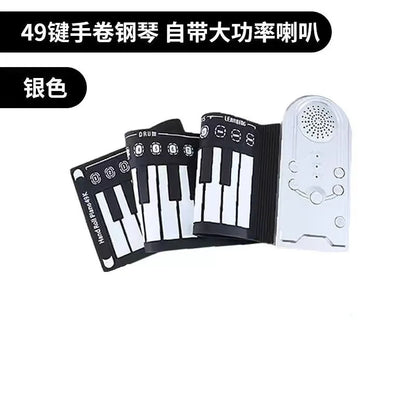 49-key folding electronic keyboard in gloss black with built-in speaker, unfolded to show silicone rubber keys and ABS plastic control panel
