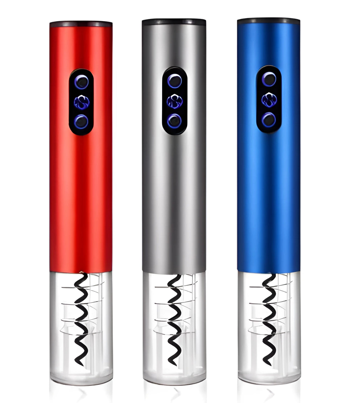 Silver automatic electric wine bottle opener with integrated foil cutter