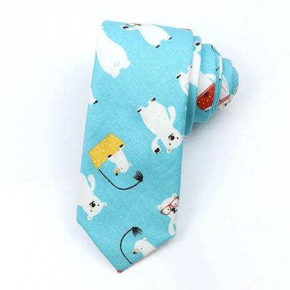 A narrow Korean-style cotton bow tie featuring a cartoon print, shown in a selection of colours.