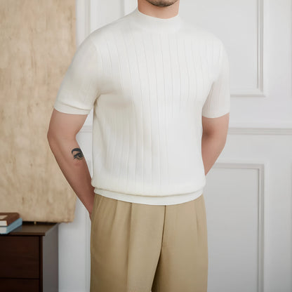 Half turtleneck wool knitted short sleeve T-shirt in black, white or chocolate, sizes M to 2XL, five-fibre blend
