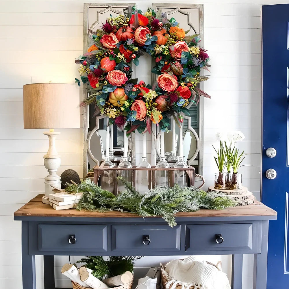 Plastic autumn peony Halloween wreath measuring 40x40cm with harvest-themed design