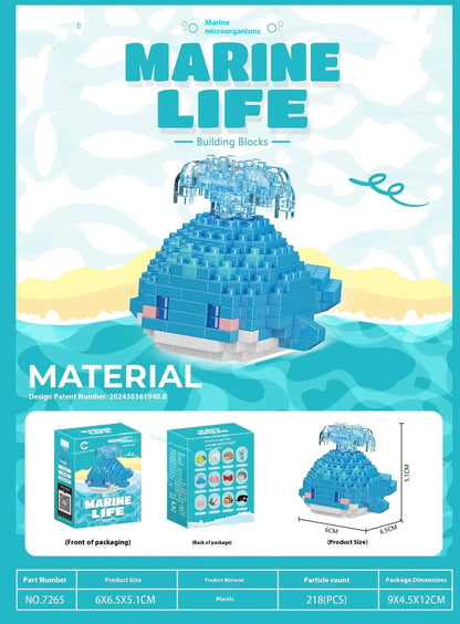 Marine small creature building blocks set showing 12 different sea animal models in colour box packaging