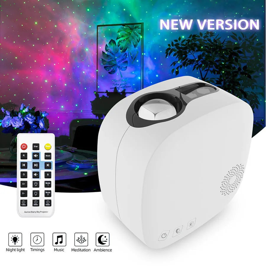 Black laser starry sky projector projecting colourful nebula patterns with moon shapes
