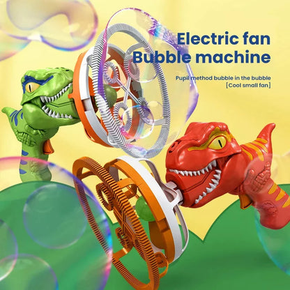 Dinosaur-shaped bubble machine for kids with red, blue, and green options