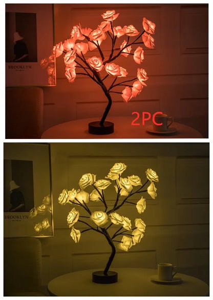 White and red rose flower LED lamp on a bonsai tree stand with warm white lights.