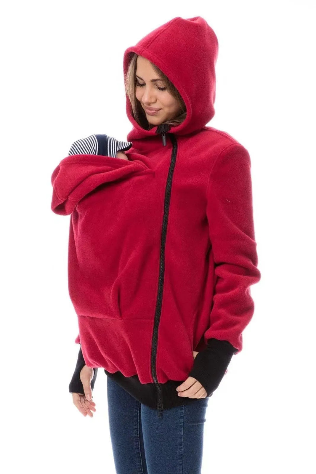Women's red polar fleece loose fit sweater with long sleeves for autumn winter wear