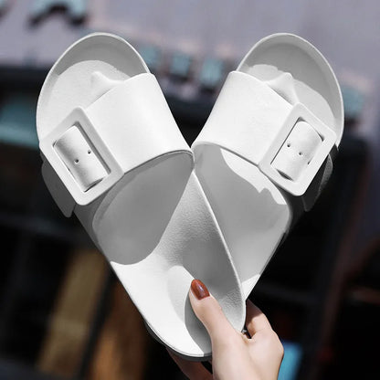 Women's grey blue flip-flop slippers with adjustable buckle and 1.5cm EVA sole