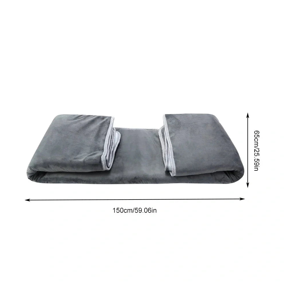Grey tweed electric heating blanket showing 150cm width and UK plug compatibility