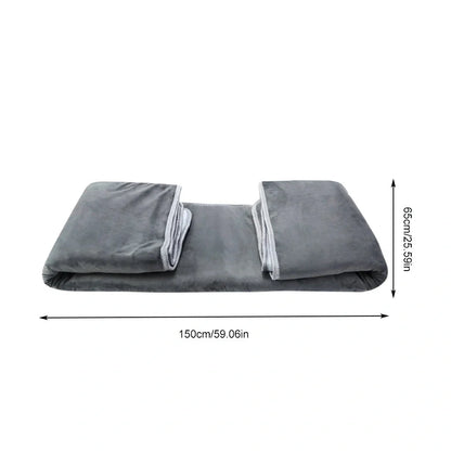 Grey tweed electric heating blanket showing 150cm width and UK plug compatibility