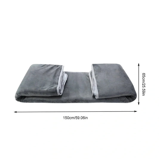 Grey tweed electric heating blanket showing 150cm width and UK plug compatibility