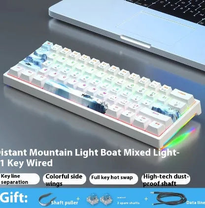 Small white 61-key mechanical keyboard with hot-swappable sockets and a black USB cable.