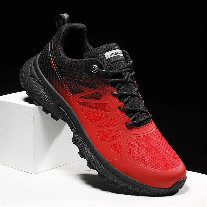 Men's black outdoor running shoes with mesh upper, PHYLON midsole, and rubber MD TPU sole showing round toe shape and lace-up front