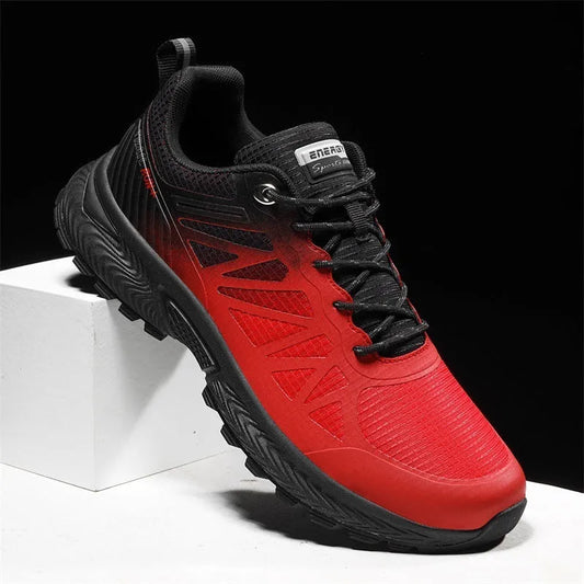 Men's black outdoor running shoes with mesh upper, PHYLON midsole, and rubber MD TPU sole showing round toe shape and lace-up front