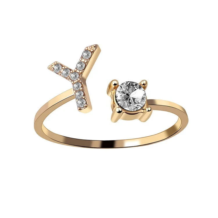 Personalized Initial Letter Adjustable Ring made of copper alloy and zircon, showcasing a vintage-inspired design