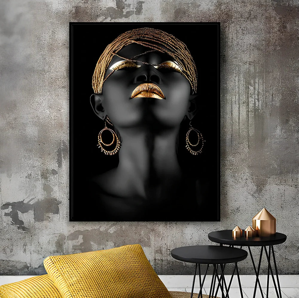 African woman decorative painting on canvas with rectangular shape, modern simple style, showing human-suitable space pattern