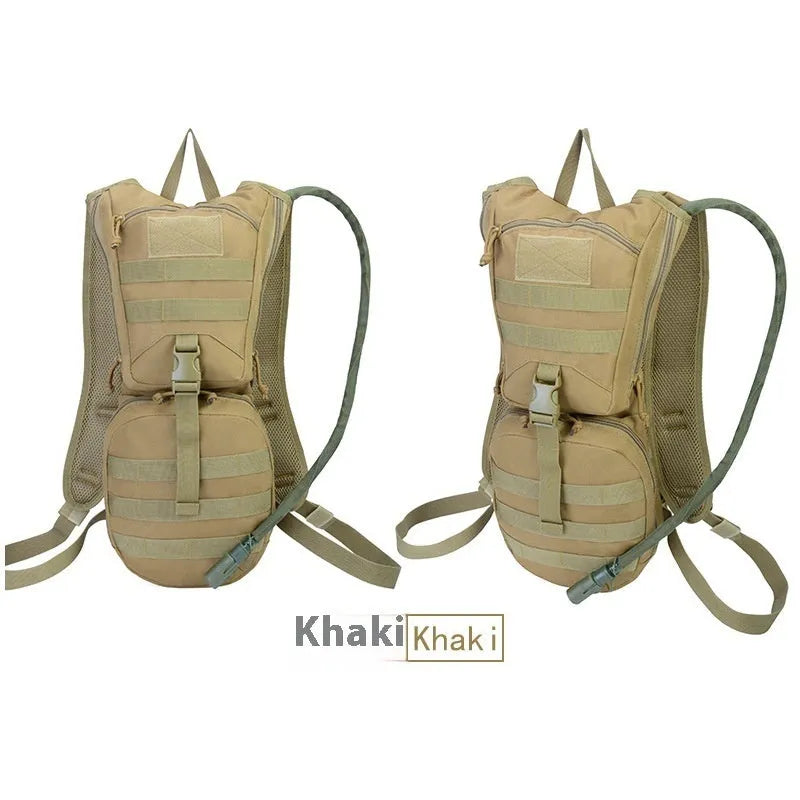 Green camouflage cycling hydration backpack with large main compartment and ergonomic back panel.