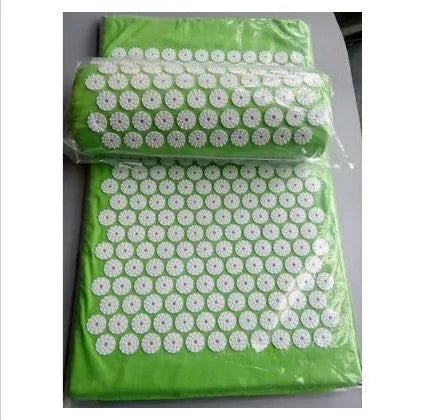 Acupuncture yoga cushion and pillow set with 210 pins for muscle relief, available in multiple colors.