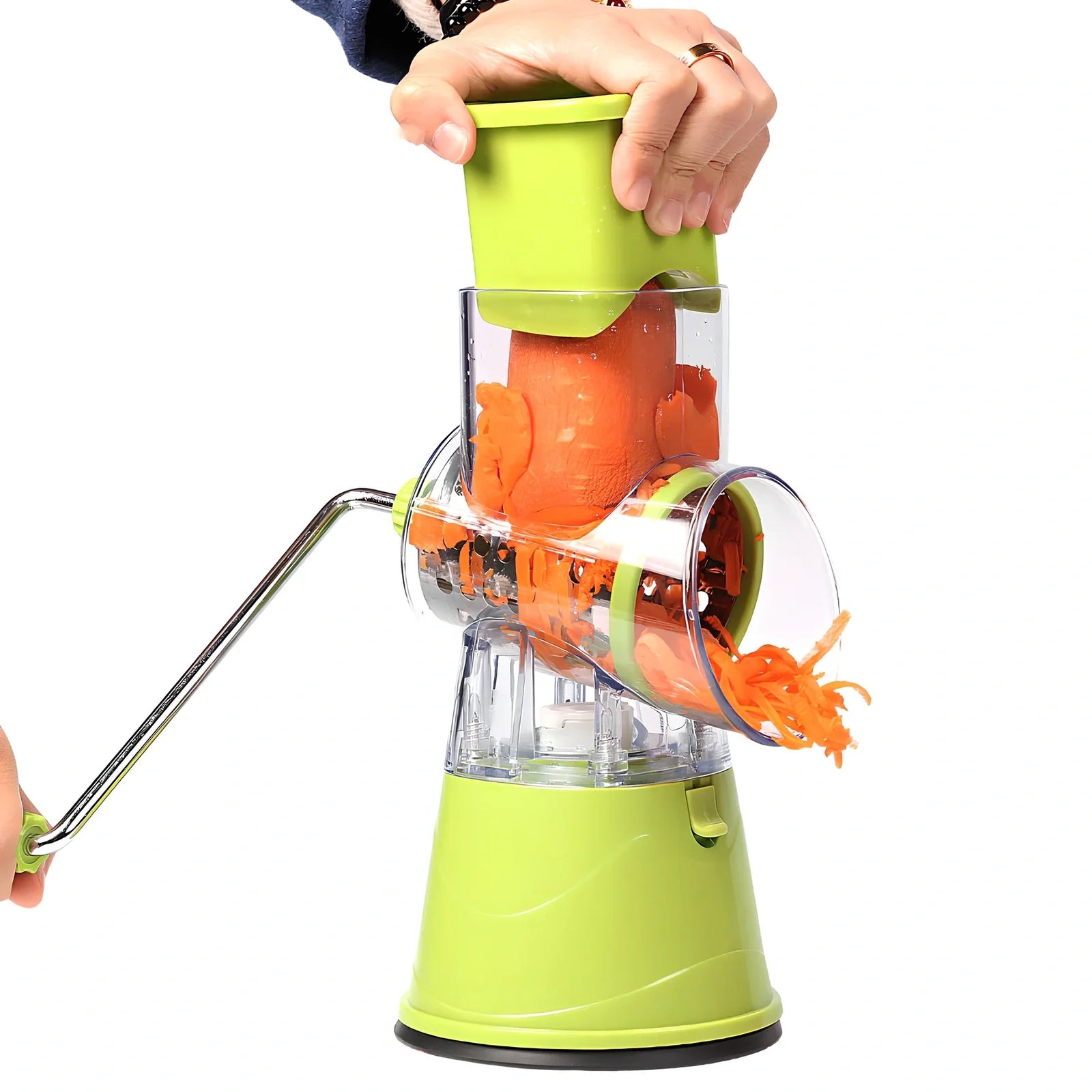 Manual stainless steel drum cutter with blue finish and hand crank for vegetable slicing