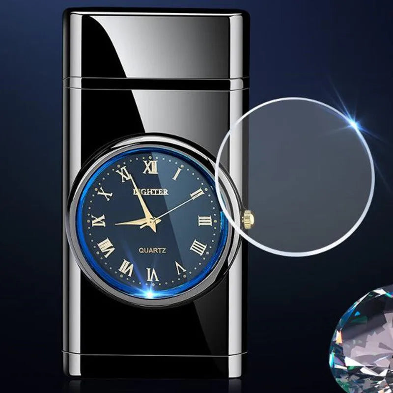 Electronic watch cigarette lighter with LED lamp in metal body showing five finish options