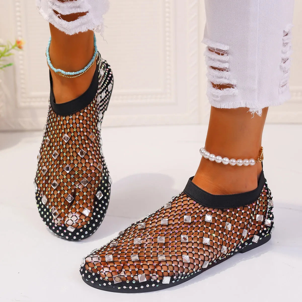 Women's flat sandals with mesh upper, colourful rhinestones, and rubber sole in sizes 35-43