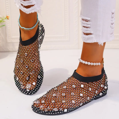 Women's flat sandals with mesh upper, colourful rhinestones, and rubber sole in sizes 35-43