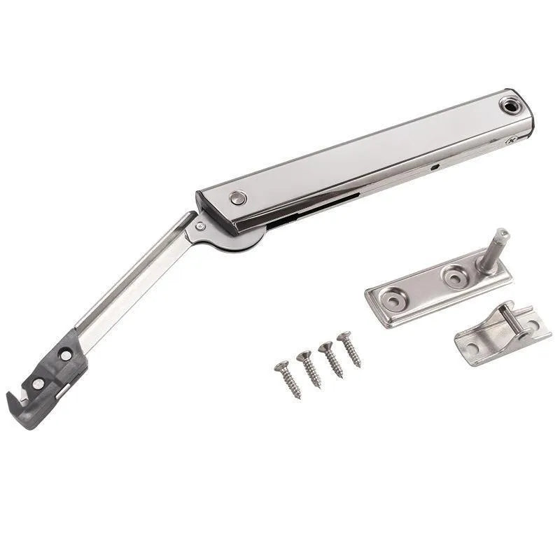 Cold rolled steel tatami cabinet support rod with adjustable stop for flap-up doors, stainless steel finish